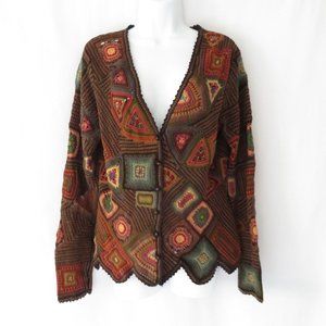 Peruvian Connection Cotton Geometric Diamond Earth Red Brown Sweater Cardigan